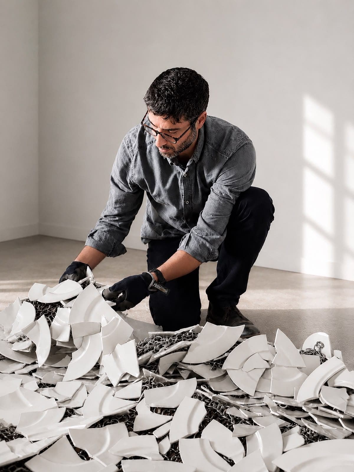 Alberto Gianfreda composing a work from fractured ceramic and chain.