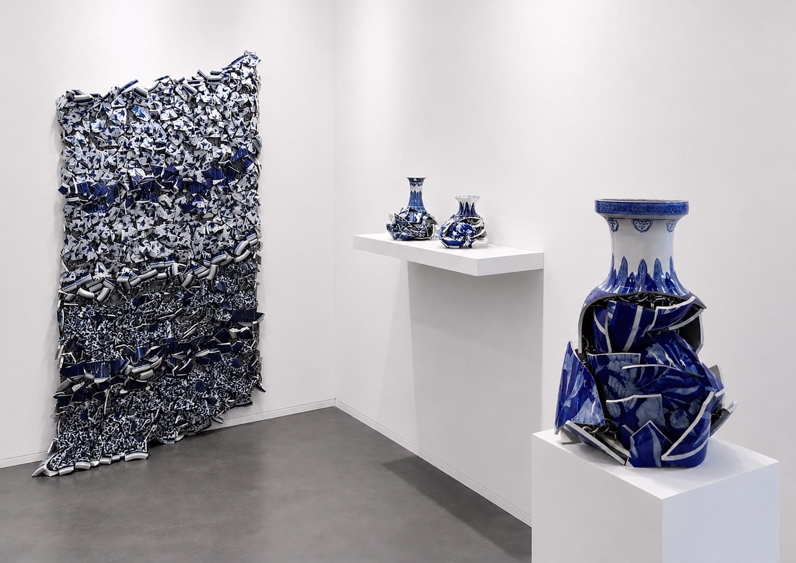 From the Nothing As It Seems series: fragmented vessels reassembled on flexible metal mesh.
