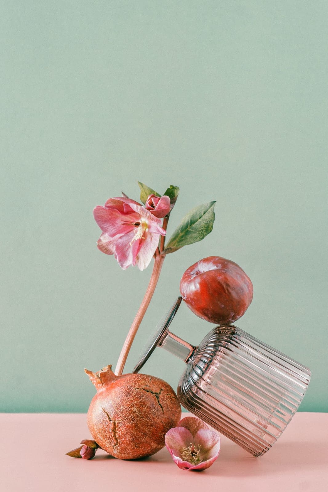 Pomegranate, plum and hellebore: a still life built from objects.