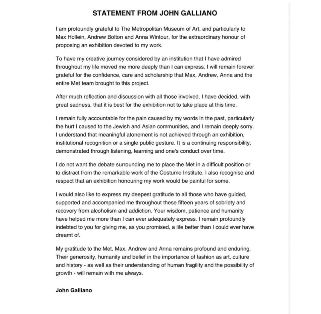 The designer's full statement, released in place of the exhibition.